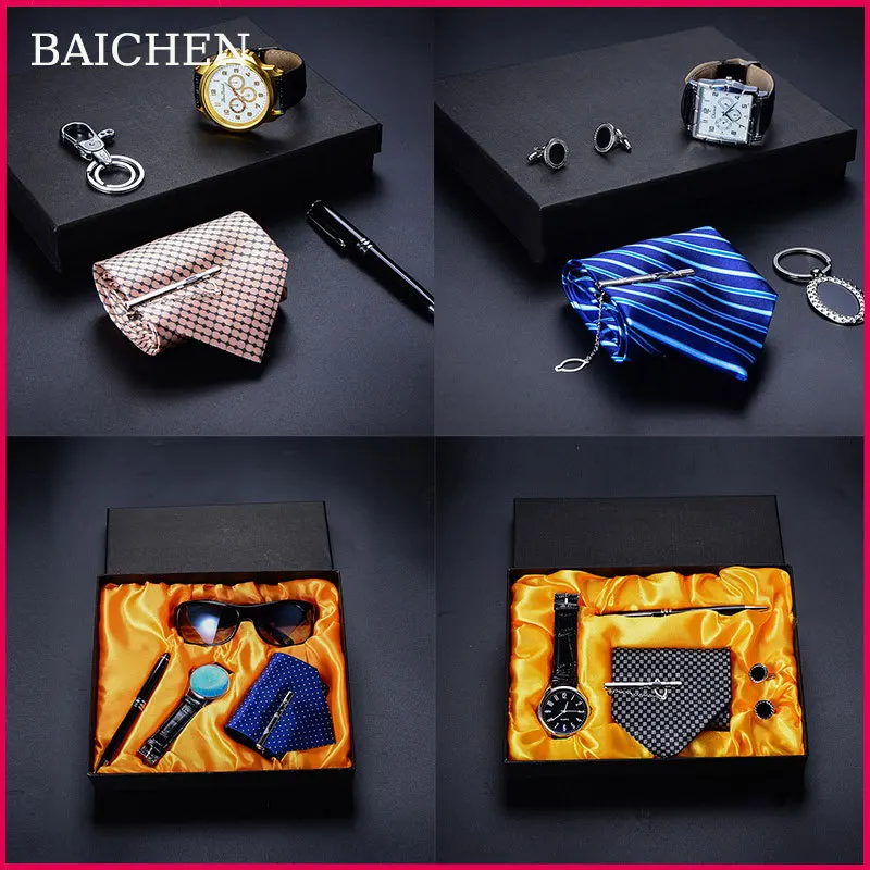 Мужские 8 см галстук 4 шт. бизнес часы запонки очки ручки в полоску жаккардовый
