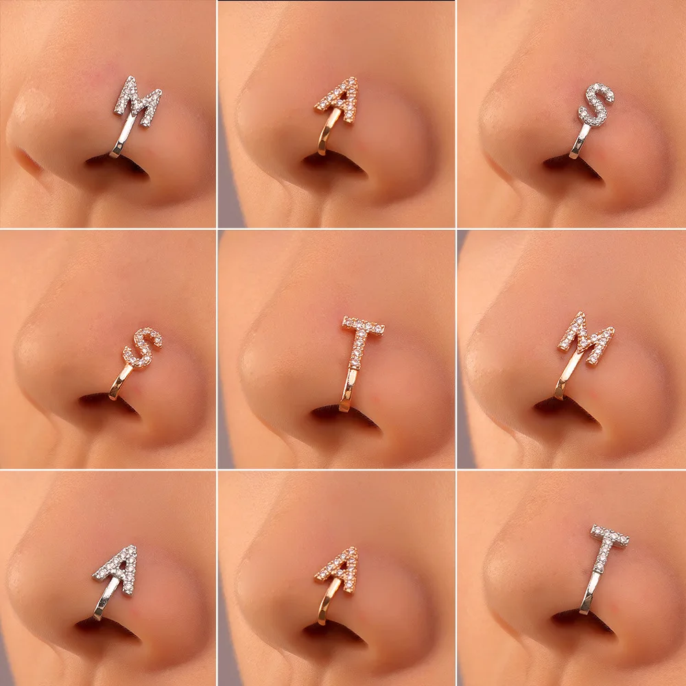 

Minimalist Initial Nose Cuff for Women Adjustable Crystal Letter Fake Nose Rings Non Piercing Needed Faux Body Jewelry Gifts