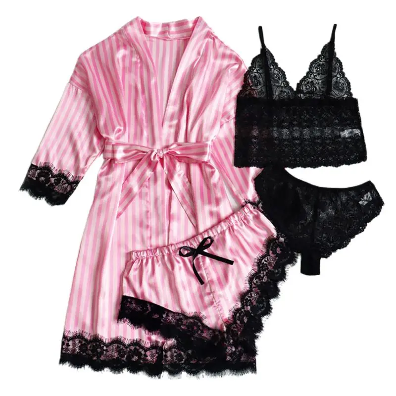 

Women Satin Striped Sleepwear Lingerie Sexy Floral Lace Underwear Shorts Robe 667E