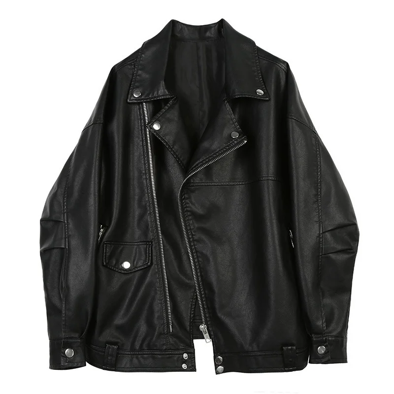 

European Style Turn-down Collar PU Leather Jacket New Fashion Motorcycle Leather Outwear Women Slim Biker Coat Basic Streetwear