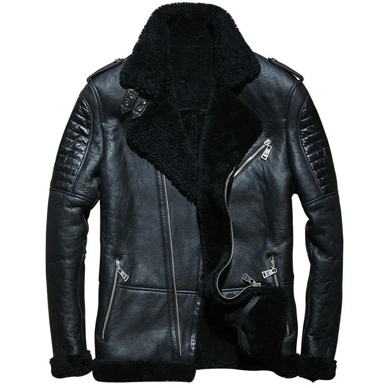 

Sheepskin Shearling Men Jacket Fashion Slim Motorcycle Biker Jacket Winter Zipper Warm Real Leather Short Coats Plus Size 5XL
