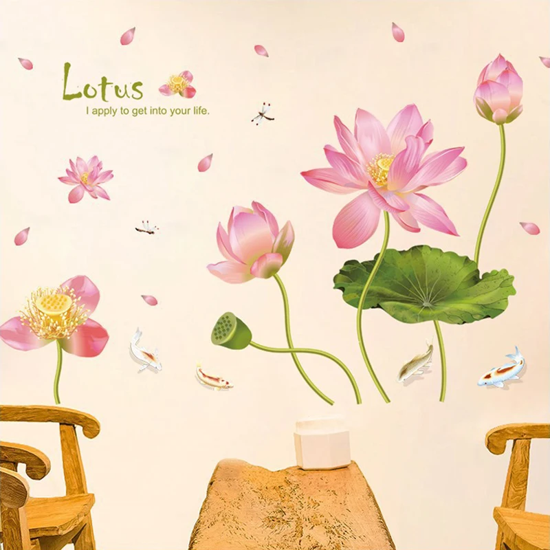 Романтические настенные Стикеры с розовыми цветами лотоса прудом рыбками