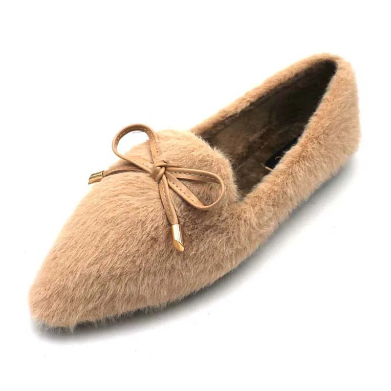 С Острым носком и бантиком на меху женские туфли плоской подошве Популярные