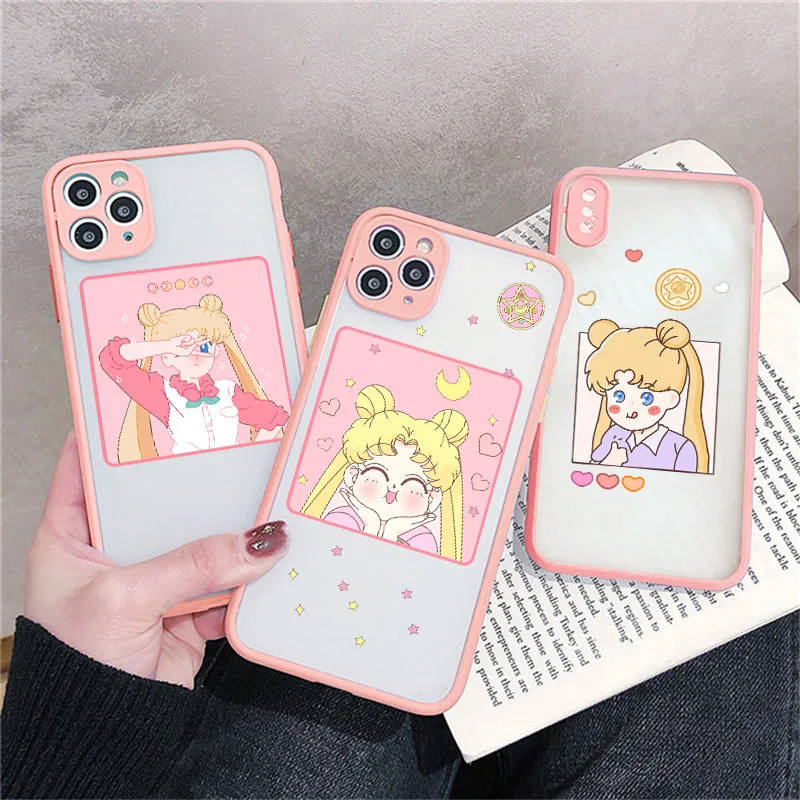 

New cute Cartoon Sailor Moon Silicone hard Pink Border cover for iphone 12 11Pro MAX XS max XR X SE 2020 6s 7 8 plus phone case
