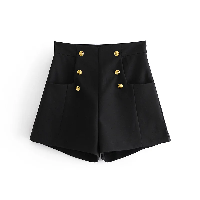 

Toppies Woman Bermuda Shorts Front Button High Waist Shorts Black Bottoms Zipper Streetwear Wide Leg