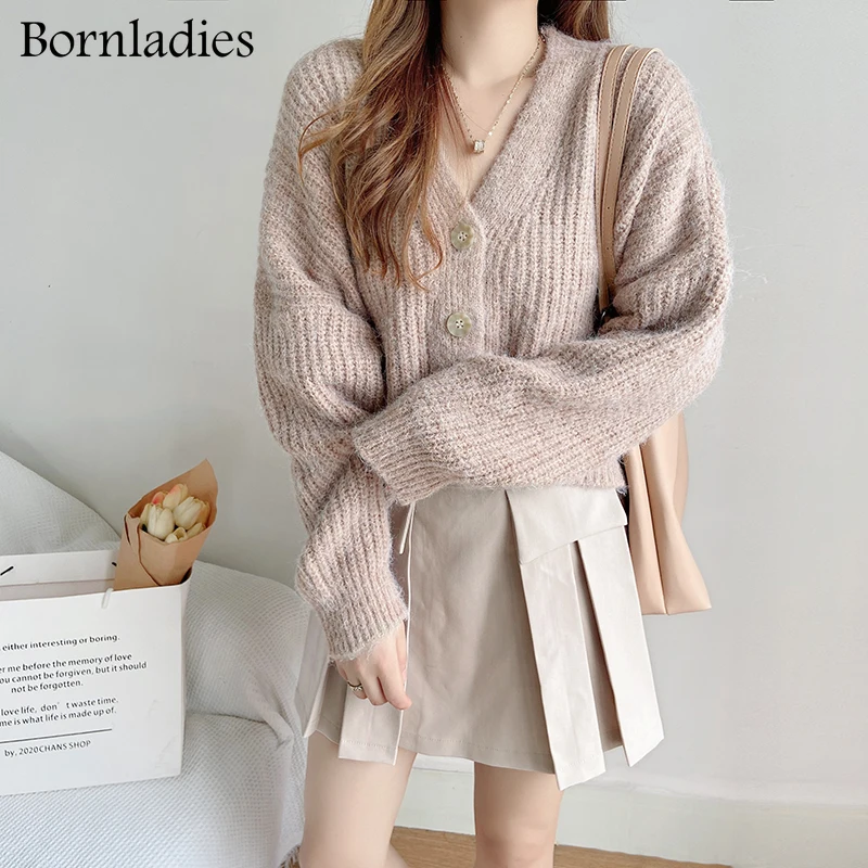 Bornladies Vintage V Neck Soft Warm Loose Women Knitted Cropped Cardigan Elegant Full Sleeve Single-breasted Female Sweater Coat |