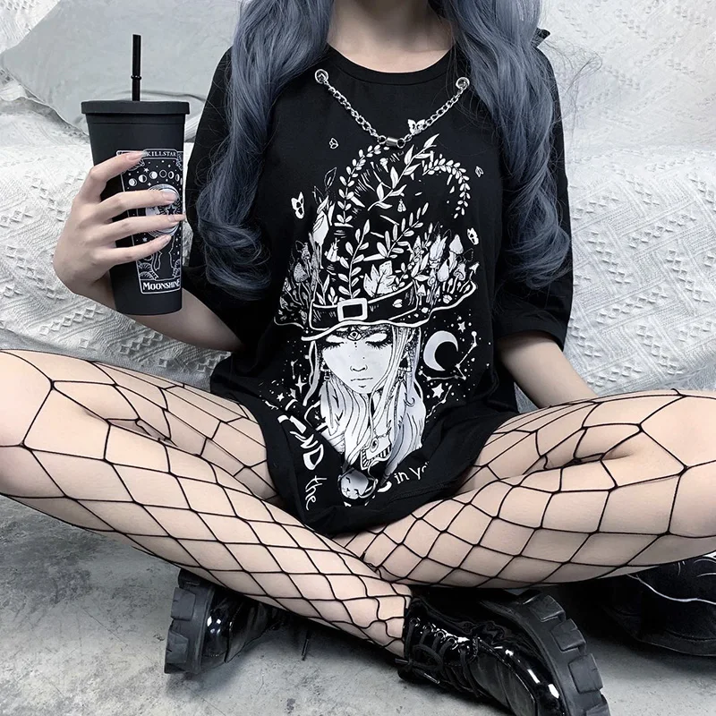 

Little witch Gothic Print Women Harajuku T-shirt Summer Cotton Tshirt Grunge Tee Top Punk Pastel Goth Clothing Anime Clothes