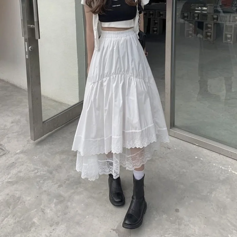 

New Lace Stitching Irregular White Skirt Women High Quality Medium Length Skirt High Waist Versatile Pleated Loose A-line Skirt