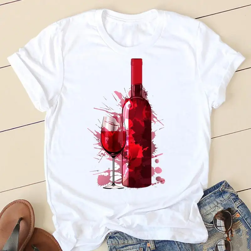 

Tee Shirt Lady Clothes Watercolor Wine New Lovely Short Sleeve T Women Casual Fashion Tshirt Top Female Graphic T-shirts