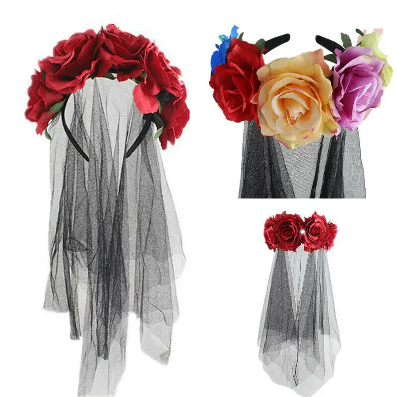 Halloween Day of the Dead Evil Red Rose Female Headdress Fancy Dress Costume Party Horror Spooky Props Flower Headband | Дом и сад