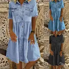 Женское джинсовое Платье До Колена Rebicoo, свободное платье из денима с эффектом потертости, пикантное модное платье-миди с высокой талией и коротким рукавом для лета