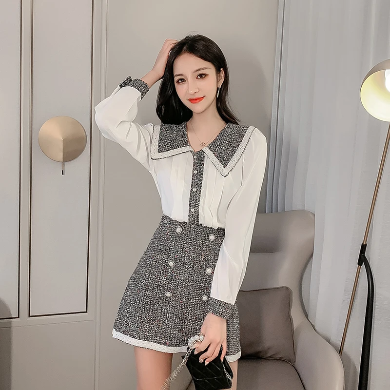 

Autumn Elegant Women 2 Piece Set Tweed Patchwork Chiffon See Through Shirt Top + Double-Breasted Woolen Mini Skirt Suit