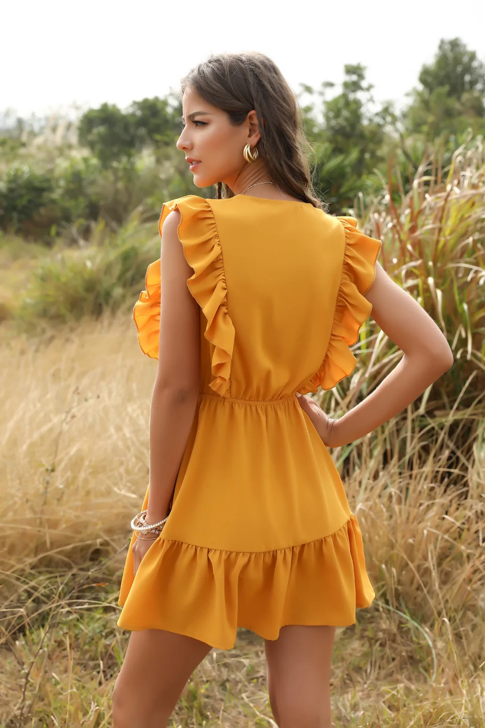

CAWA Casual Yellow Ruffle Stitching Lacing-Up Mini Sundress Short V-Neck Sleeveless A-line Beach Holiday Fashion Boho Sexy Dress