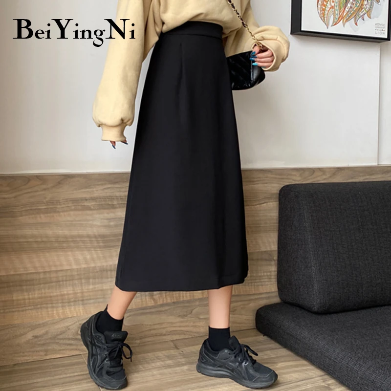 

Beiyingni Spring New Fashion Slim High Waist Skirts Womens Split Package Hip A-line Skirt Woman Chic Vintage Harajuku Falad Lady