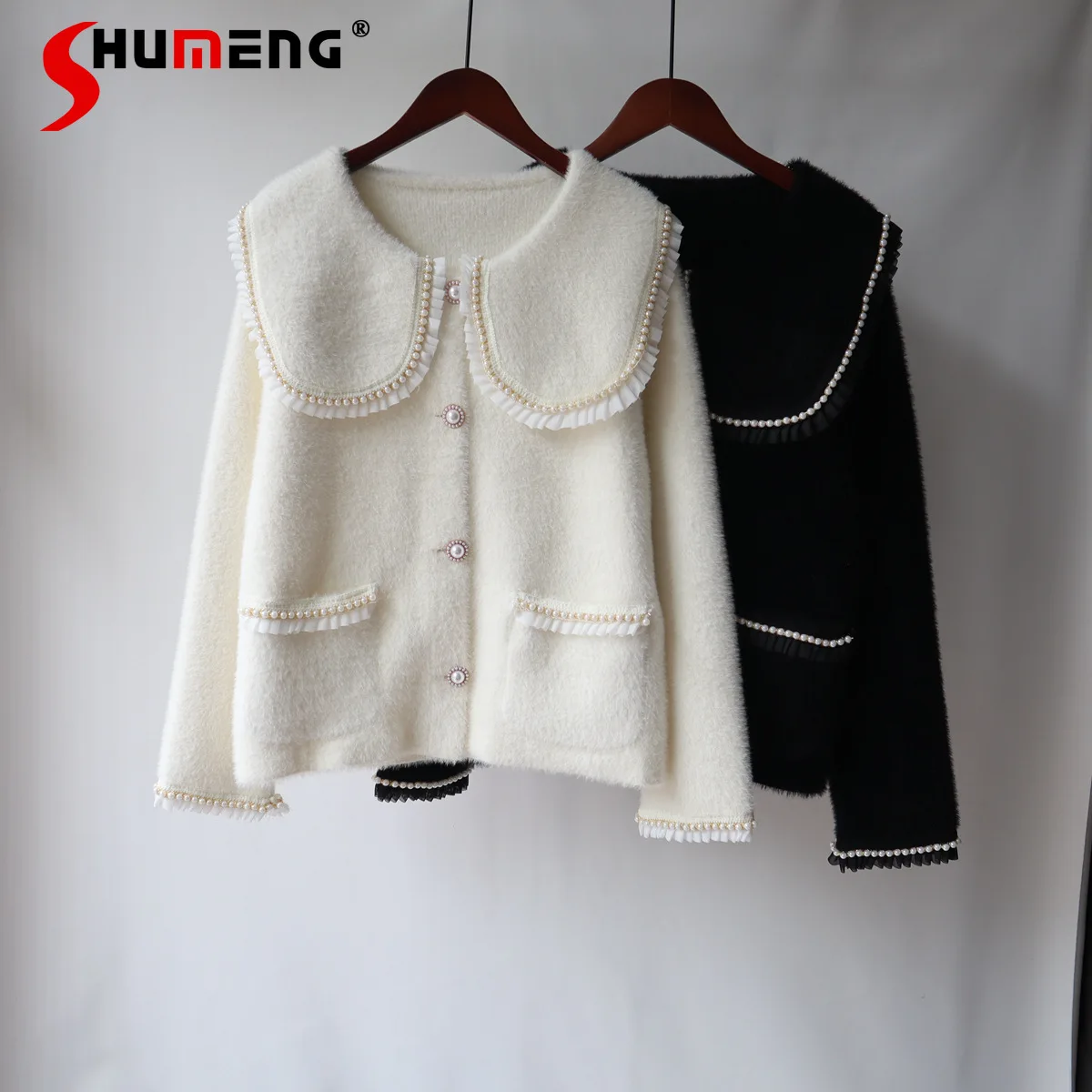 

Fashion Mink-like Wool Loose Knitted Cardigan for Ladies 2021 Autumn and Winter New Sweet Peter Pan Collar Sweater Coat Women
