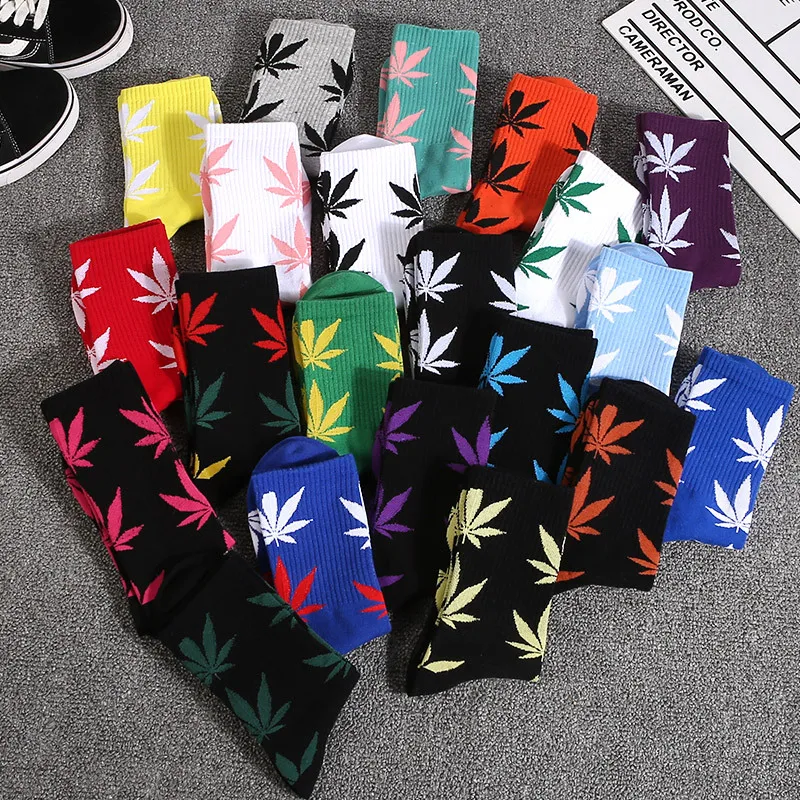 

Spring and Summer Hemp Leaf Long Tube Pure Cotton Men and Women Short Breathable Mesh Candy Color Sports Maple Leaf Socks Fun