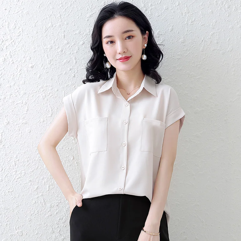 

Summer Chiffon Women Shirts Turn-down Collar Blouse Short Sleeve Office Lady Button Up Shirt Black Black Ladies Tops
