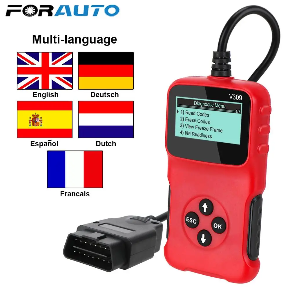 Считыватель кодов V309 OBD2 сканер OBD 2 OBDII ELM 327 цифровой дисплей автомобильные