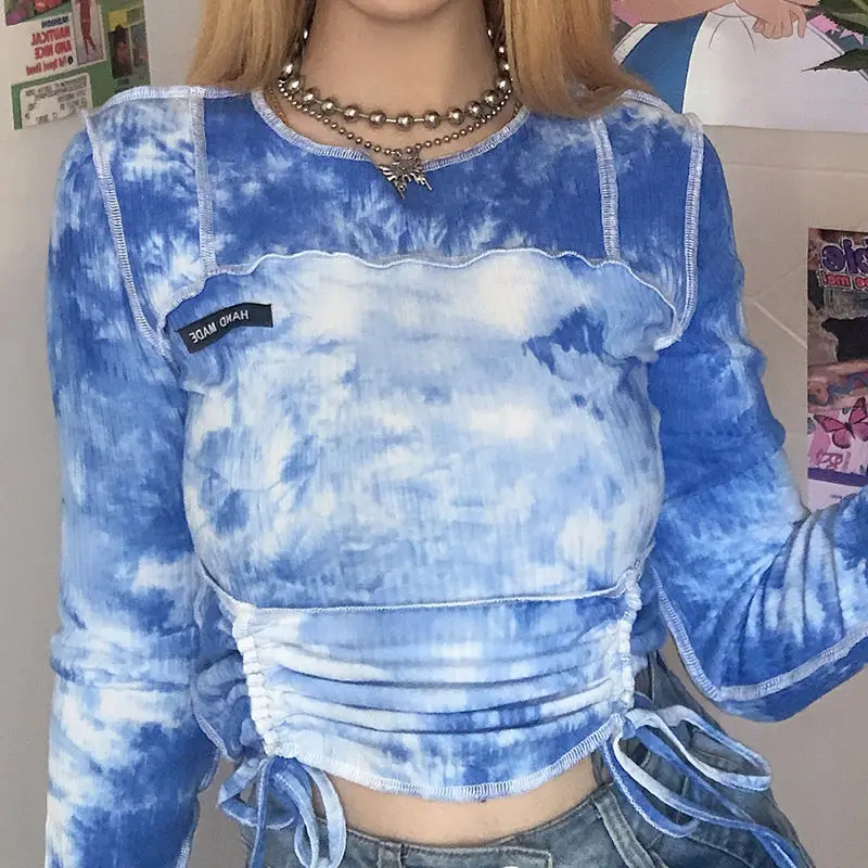 

Super hot fun tie-dye long-sleeved t-shirt threaded drawstring slimming slimming blouse female summer