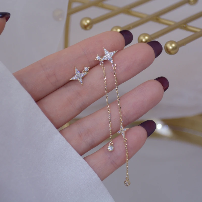 

New Design 14K Real Gold S Needle Design Asymmetrical Long Mango Star Zircon Stud Earrings for Women