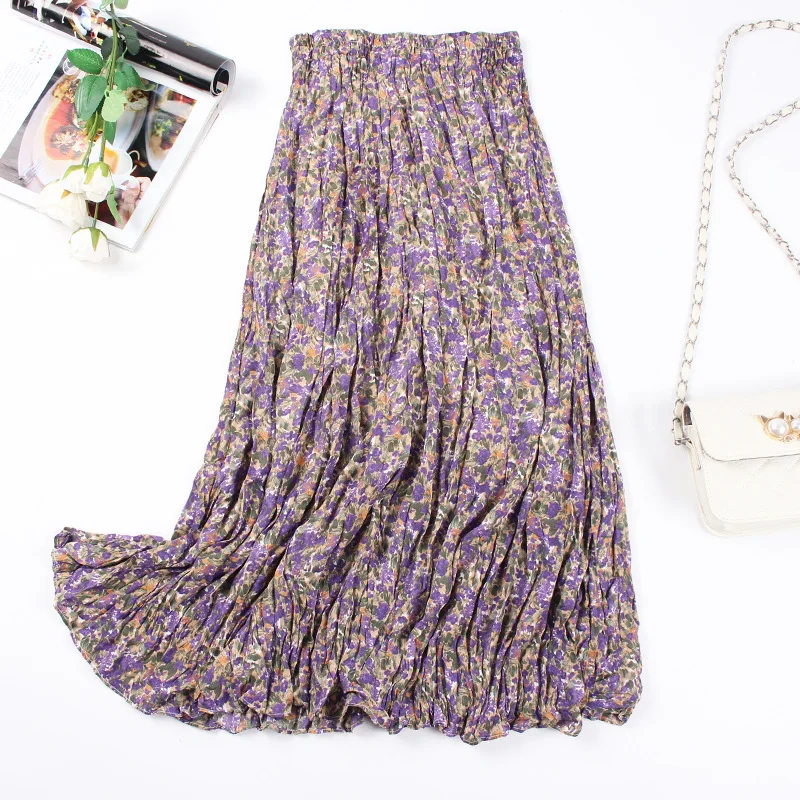 

Spring Retro High Waist Floral Skirt Women Korean Autumn Winter Long Pleated Mid Skirt Womens