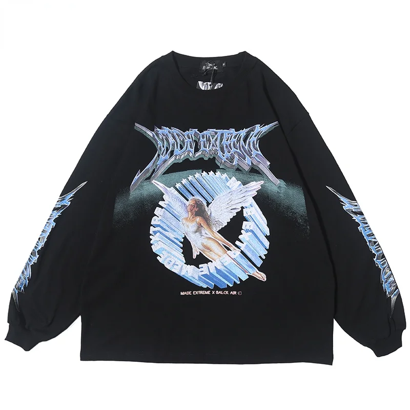 

Men Hip Hop T Shirt Streetwear Retro Angel Print Harajuku Tshirt Loose HipHop T-shirt Oversize Cotton Tops Tees Long Sleeve
