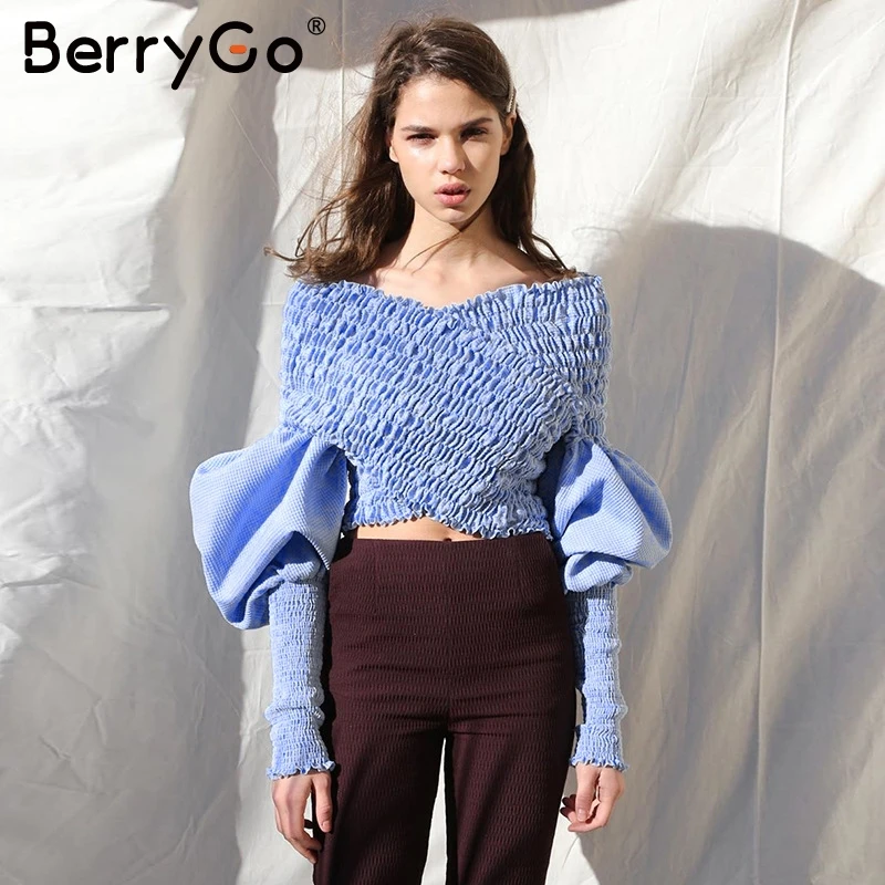 BerryGo сексуальная женская блузка с открытыми плечами элегантная рубашка пышными