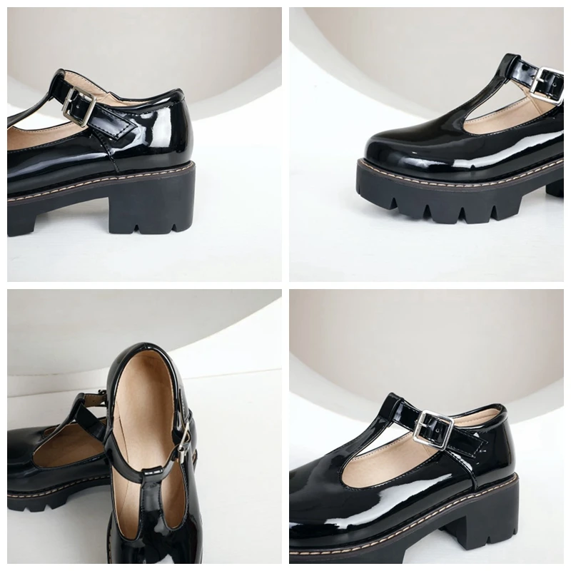 

REAVE CAT New 2021 Women Pumps Round Toe 5cm Block Heels Patent Leather Buckle Student Classic Concise Big Size 48 Casual A3846