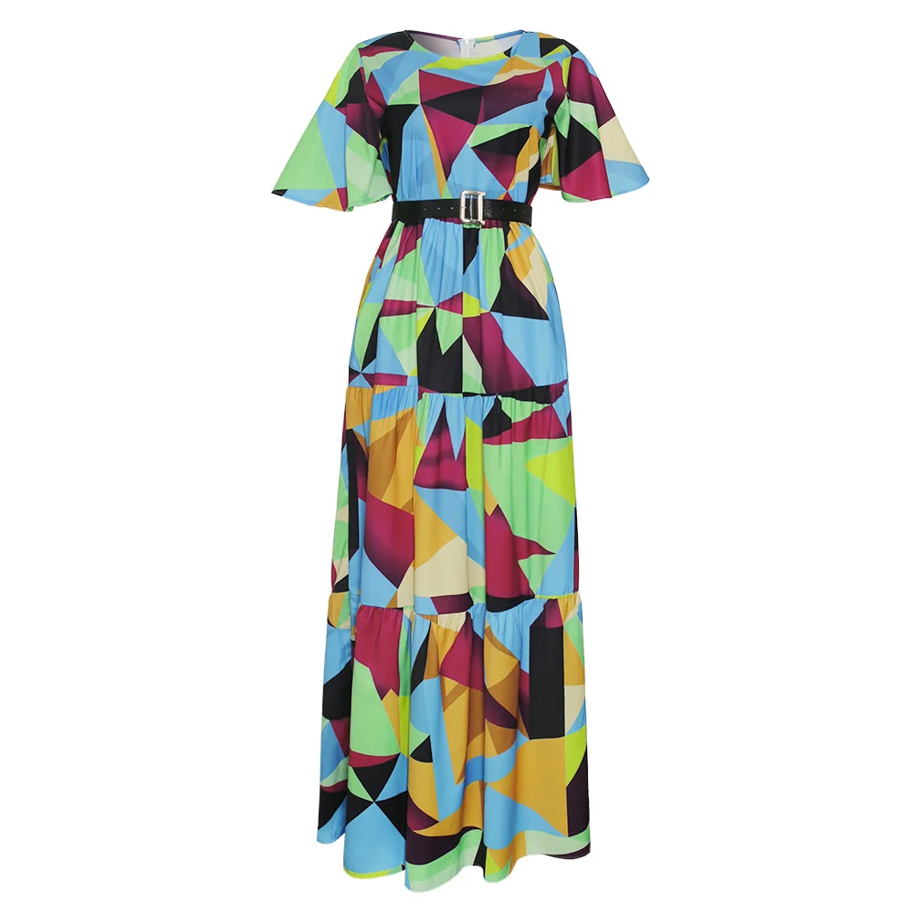 2021 Spring Summer Women's Dress African Print Boho Long Dresses Muslim dresses  Elegant Short Sleeve Chiffon Robe With belt