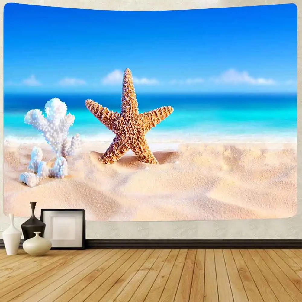 

Simsant Ocean Beach Tapestry Sea Starfish Blue Sky White Clouds Art Wall Hanging Tapestries for Living Room Home Dorm Decor