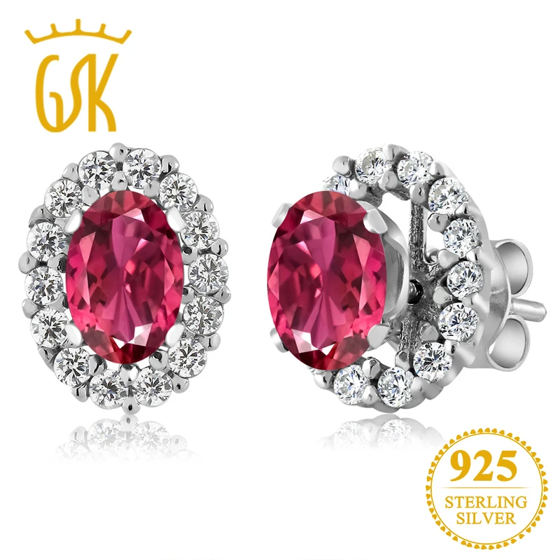 GemStoneKing 1,36 карат овальные натуральные розовые турмалиновые Серьги с драгоценными камнями 925 пробы серебряные серьги-гвоздики с курткой для женщин