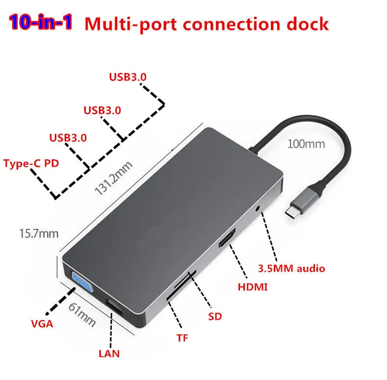 Type-C PD концентратор USB3.0 SD TF LAN VGA 3,5 мм аудио Для iMac MacBook huawei Xiaomi смартфон Расширение Док-станция 4K HDMI - Color: Grey