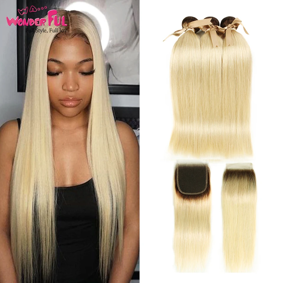 Пучки волос от светлого до темного цвета с закрытием перуанские прямые волосы 613