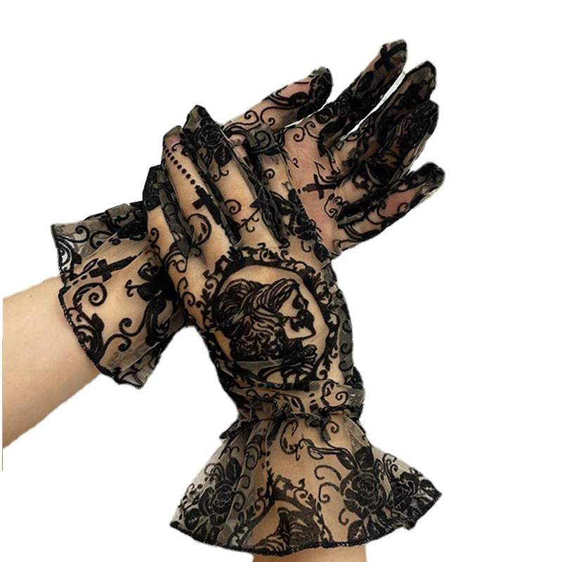 Skull Jacquard Black Lace Gloves Women Sunscreen Short Tulle Mesh Gloves Stretchy Halloween Gothic Lolita Party Accessories