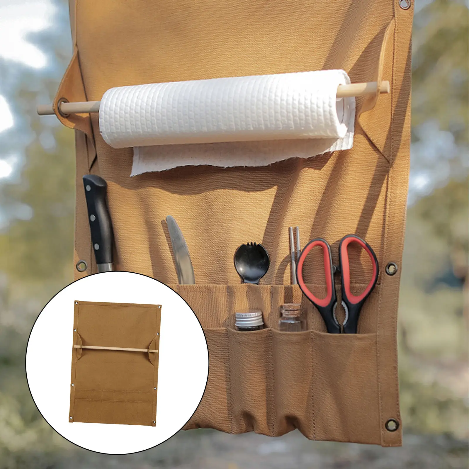 

Picnic Tableware Storage Bag Hanging Cutlery Roll Canvas Flatware Holder for Backpacking Bbq Camping Kitchen Grill Accessories