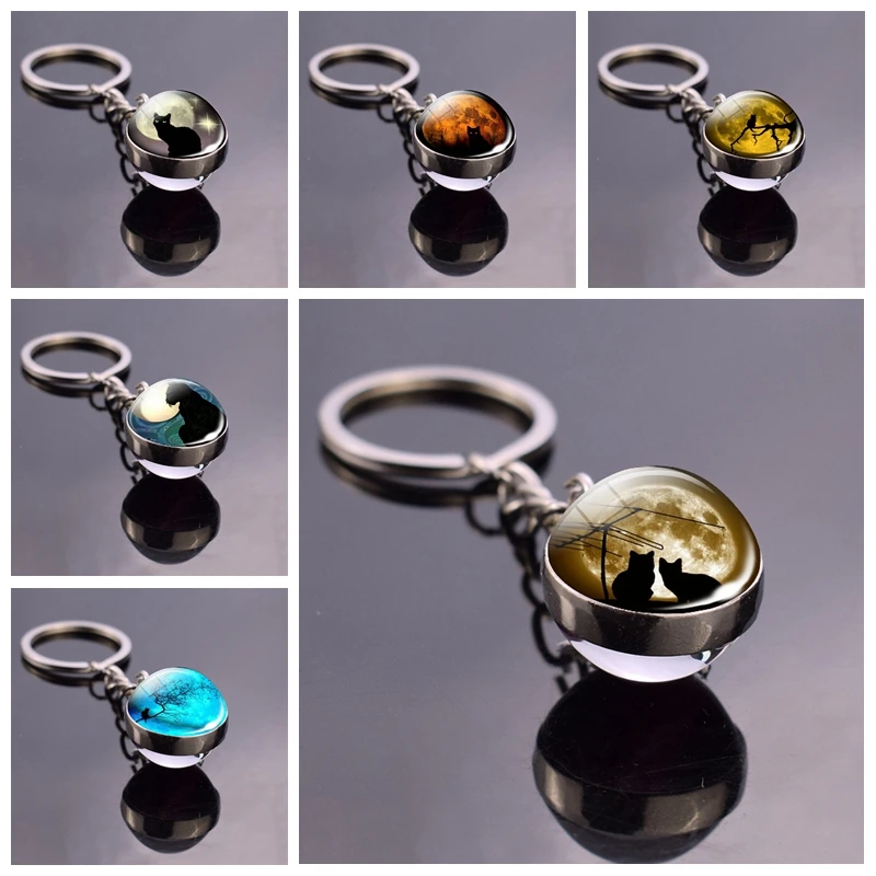Полная луна и Черный кот стеклянный шар брелок кулон Модные аксессуары Подарки
