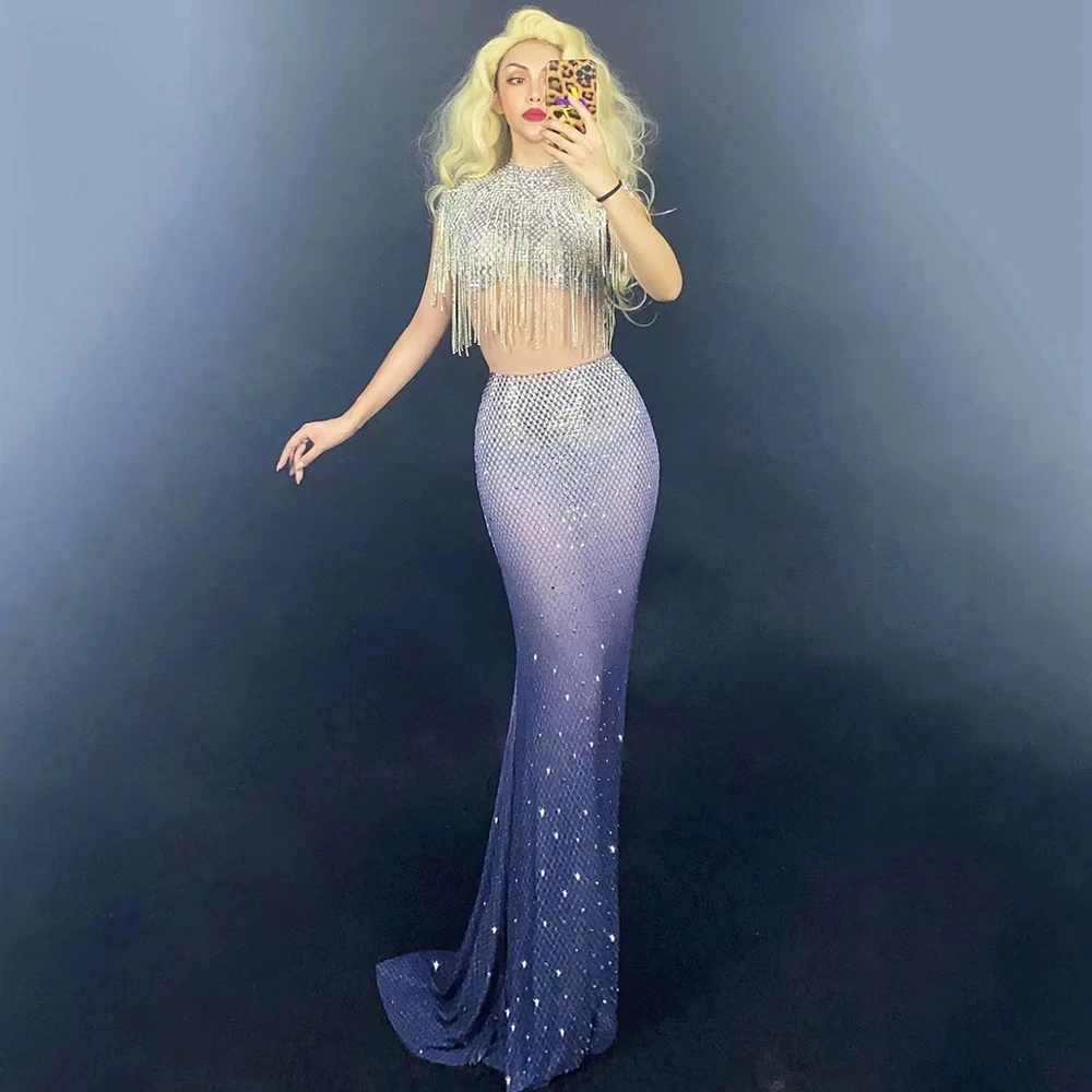 

Танцевальная сценическая одежда DJ Singer, блестящее Сетчатое женское платье с кристаллами и кисточками, вечерний наряд для выпускного вечера