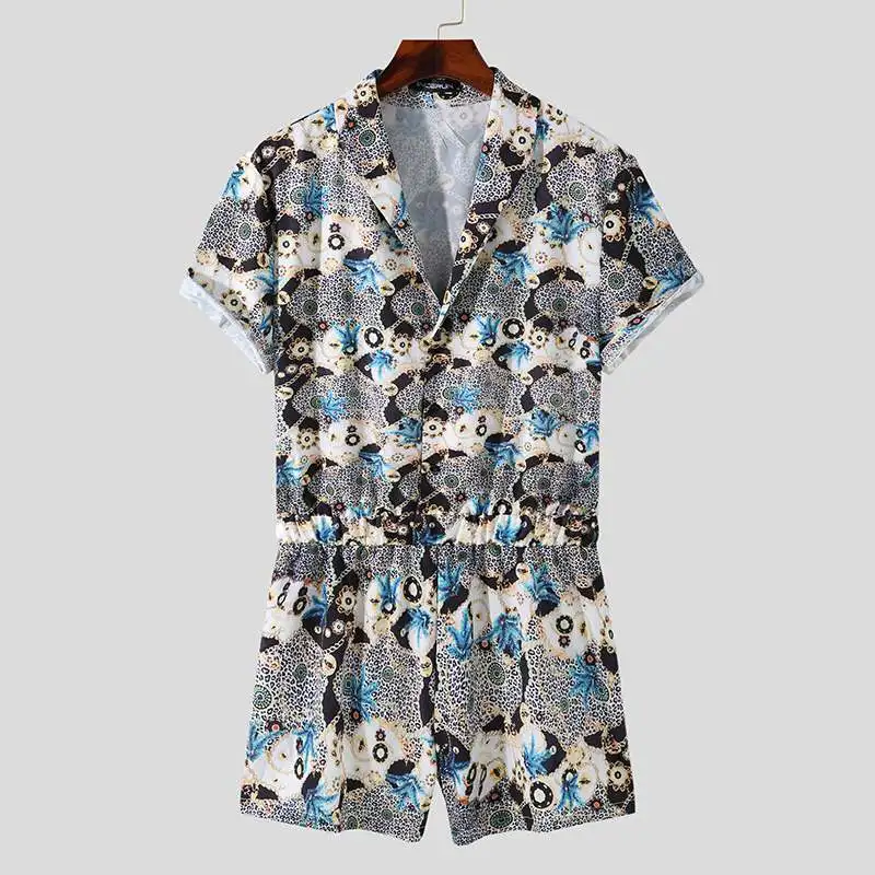 

Men Hawaiian Rompers Printed 2021 Breathable V Neck Short Sleeve Jumpsuits Streetwear Vacation Casual Overalls Men S-3XL INCERUN