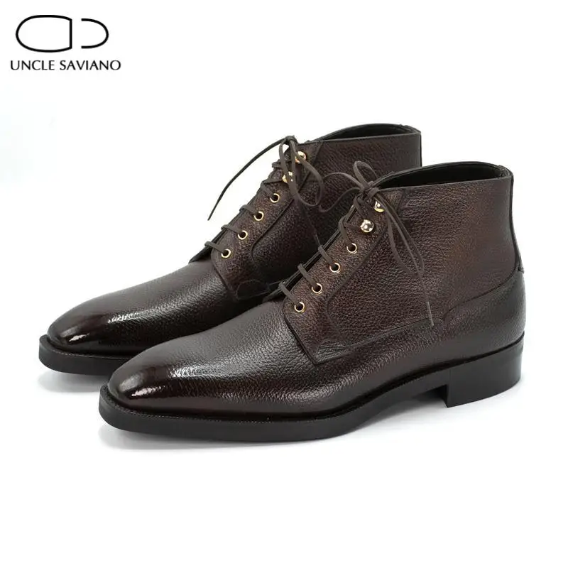 

Uncle Saviano Mens Boots Winter Add Velvet Lace Up Shoes Work Boots Fashion Designer Men Non-Slip Genuine Leather Shoes