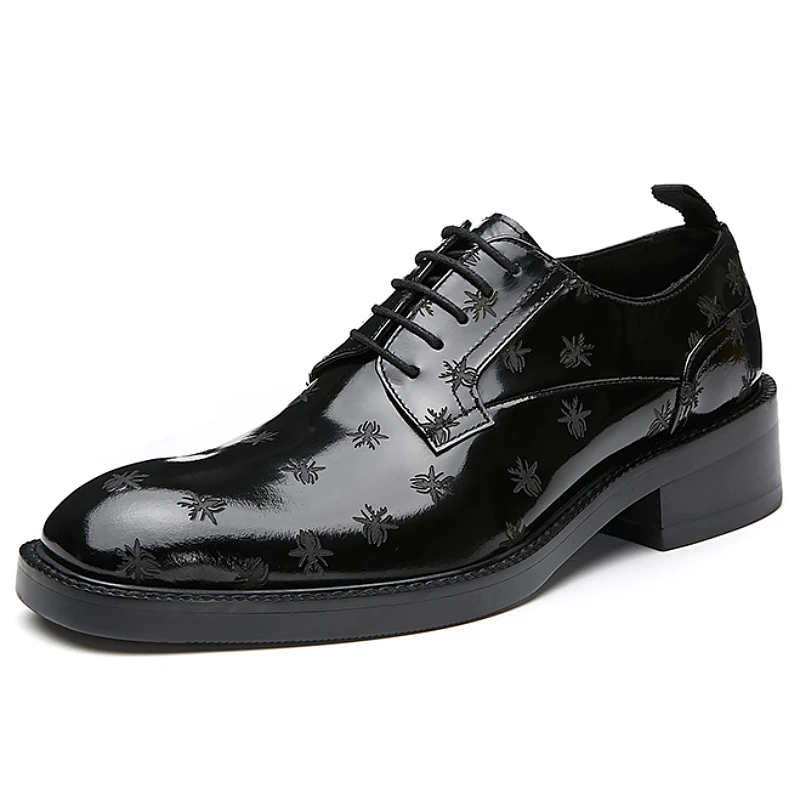 

Formal men's shoes Geneine leather Black Square toe Bee men's Dress Shoes hand made Black Carved Derby shoes