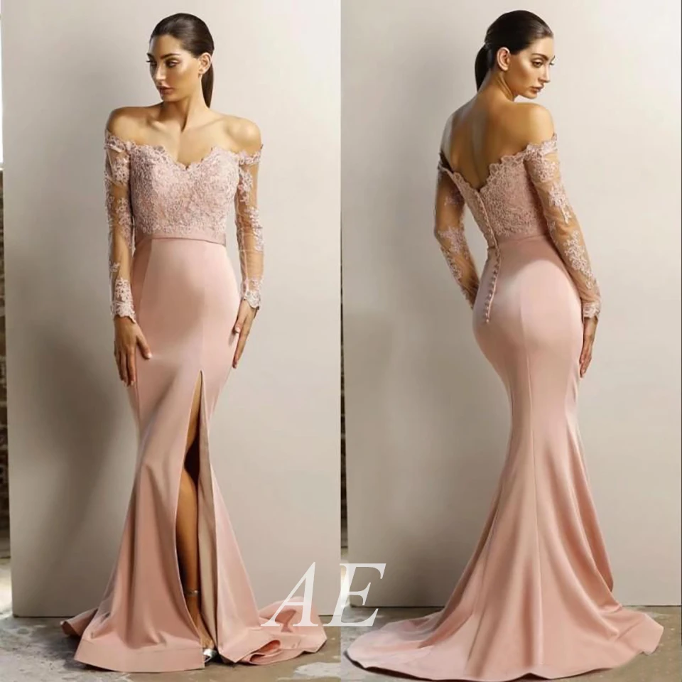 

Sweetheart Prom Party Dress Thigh-High Slits Elastic Satin Long Sleeve Gown Mermaid Bridesmaid Dresses vestidos de novia платье1