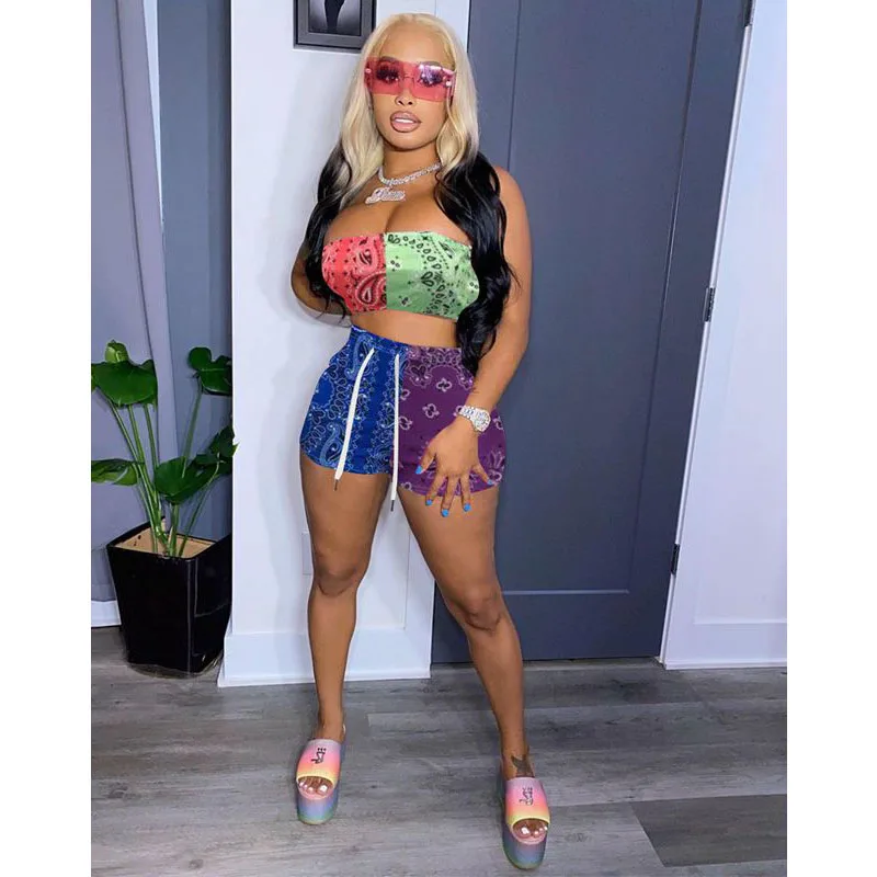 

Summer Clothing Two Piece Set Women Sexy Sleeveless Print Tube Top+Shorts Sets Fitness Club Outfits Streetwear Wholesale Items