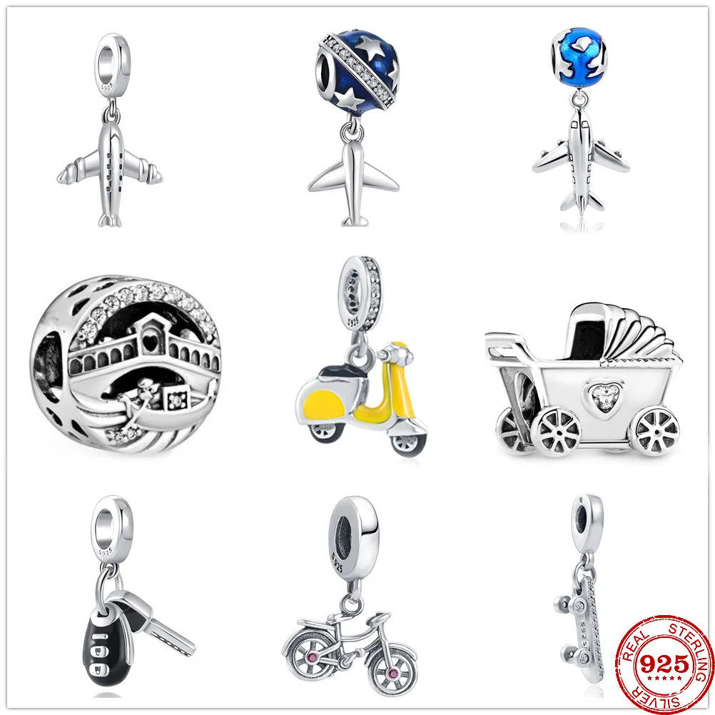 Бусины-подвески женские из серебра 925 пробы с изображением велосипеда самолета