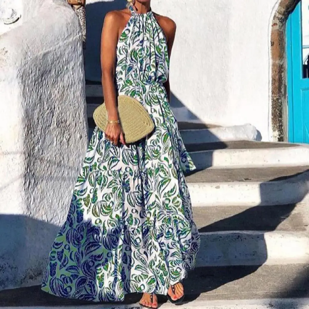 

Women Dress Summer Vintage Pattern Print Casual Dress Sexy Halter Sleeveless Lady Beach Maxi Dress Fashion Elegant Boho Dresses
