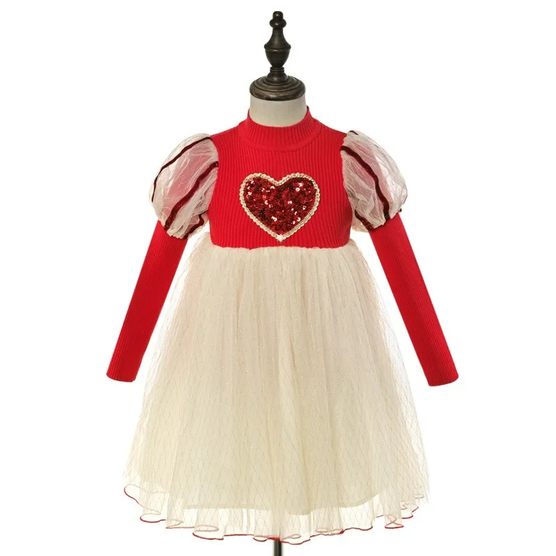 

Autumn Winter Knit Sweater Dress for Girls Sweet Puff Loose Knee Length Loose Ball Gowns Kid Child Birthday Party Dance Dresses