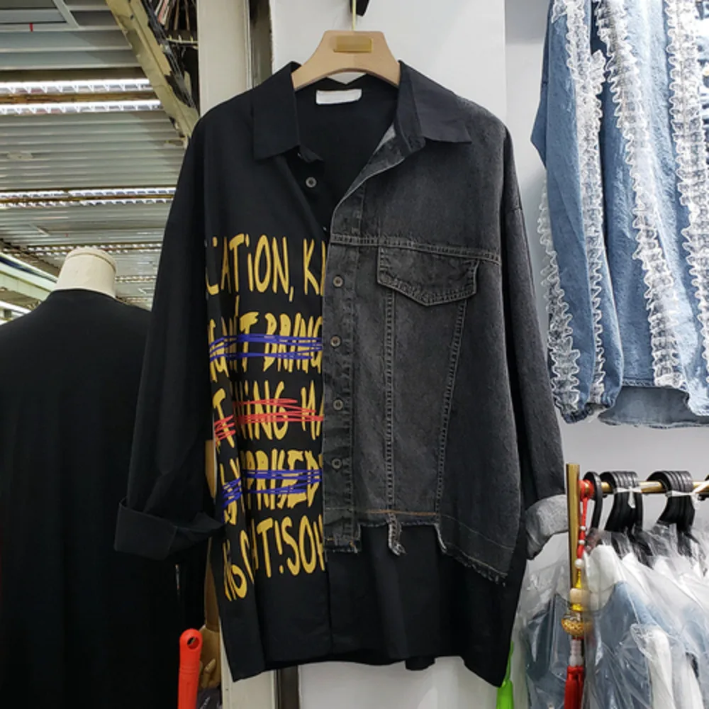 

2020 Summer New Streetwear Long-sleeved Printed White Shirt Coat Female Thin Section Wild Denim Stitching Blouse and Top