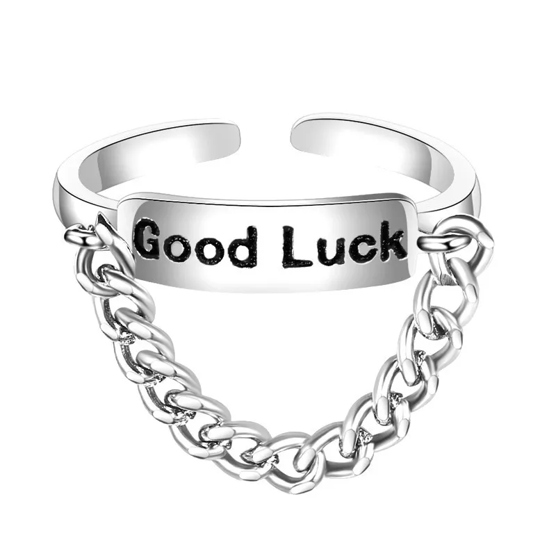 

Fashion Hipster Good Luck Letter Alphabet Thai Sterling Silver Finger Ring For Women Retro Tassel Chain Delicate Jewelry Gifts