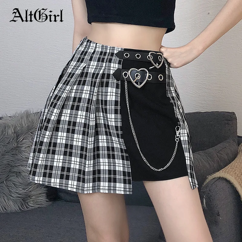 

AltGirl Gothic Harajuku Jk Skirt Women Punk Mall Goth Plaid High Waist Pleated Skirt Y2k Emo Alternative Buckle Chain Streetwear