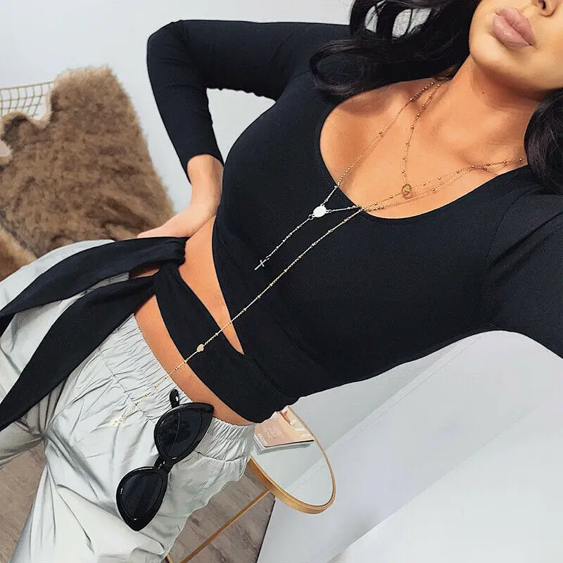 

Women Bandage Long Sleeve Square Neck Shirt Crop Top Pullover Shirt Blouse