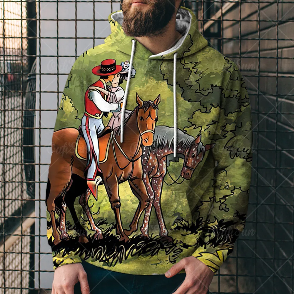 

Autumn Men's And Women's Hoodie Horse Racing Farm Grazing Medieval Oil Painting Hip Hop Western Cowboy Tribe 3D Printed Sweater
